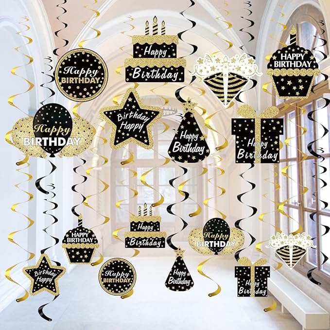 Black Gold Birthday Hanging Swirls Decorations for Mens Women, 16Pcs Happy Birthday Foil Swirl Party Supplies, 10th 16th 21st 30th 40th 50th 60th Bday Ceiling Swirl Decor