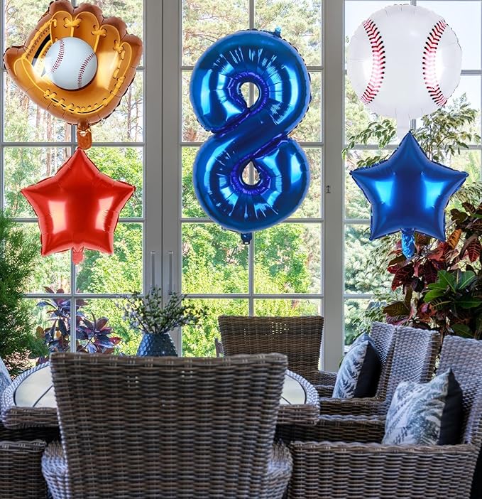Baseball Balloons 8th Birthday Decorations for Boys | Baseball Birthday Decoration Sports Theme Party Supplies, 32Inch Foil Mylar Number 8 Balloon Navy Blue Red White Sports Balloon Arch Kits