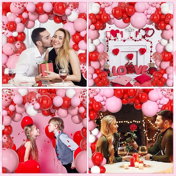 Amandir 153pcs Red Pink Balloon Arch Garland Kit, Different Sizes 18 12 10 5inch Red Pink White Latex Heart Confetti Valentines Balloons for Birthday Proposal Wedding Galentines Day Party Decorations