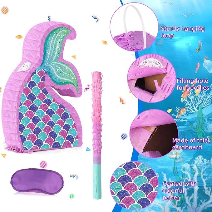Hooqict Mermaid Tail Pinata with Pinata Stick & Blindfold for Girls Mermaid Party Games Decorations Under the Sea Ocean Themed Birthday Party Supplies