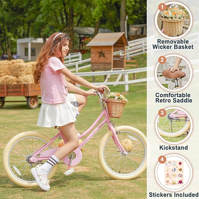 Petimini Vintage Kids Bike for Girls, 12–20 Inch Classic Bicycle with Wicker Basket & Bell, High Tensile Steel Frame, Training Wheels (12–18”), 85% Pre-Assembled, Retro Bike for Outdoor Riding