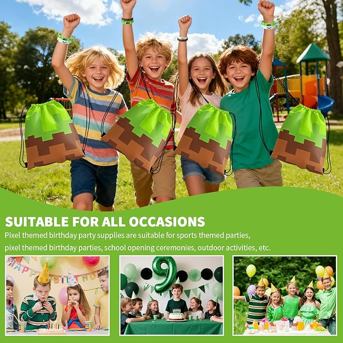 Pixel Theme Party Favors, Miner Game Birthday Party Supplies & Goodie Bags for Kids, Include Drawstring Bags Notebook Silicone Bracelet Highlighter for Gifts Fillers