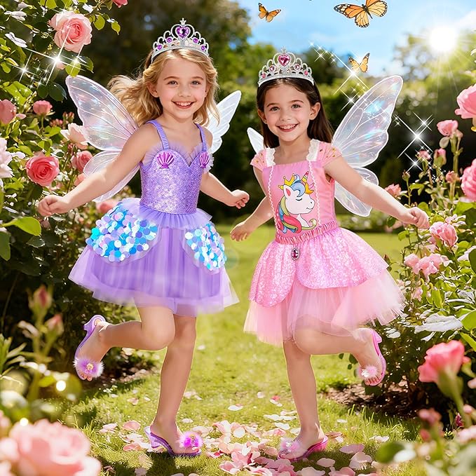 Princess Dress Up CLothes with Princess Shoes, Kids' Dress Up & Pretend Play Costumes for Little Girls, Mermaid & Unicorn Dress Up Toys Set for Toddlers, Christmas Birthday Gifts for 3-6 Role Play