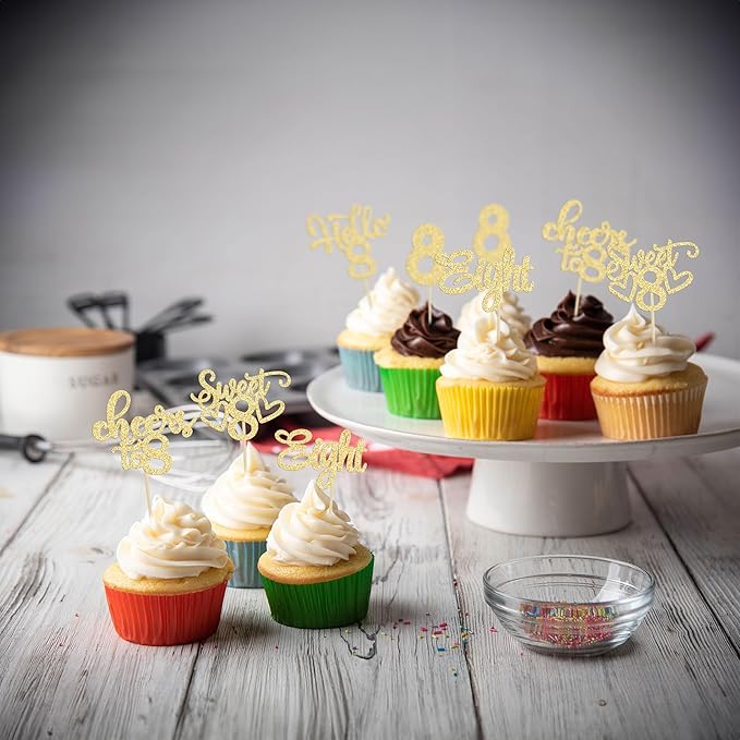 30Pcs 8th Birthday Cupcake Toppers Glitter Eight Hello 8 Cupcake Picks Cheers to 8 Years Old Cake Decorations for 8th Birthday Party Supplies Gold