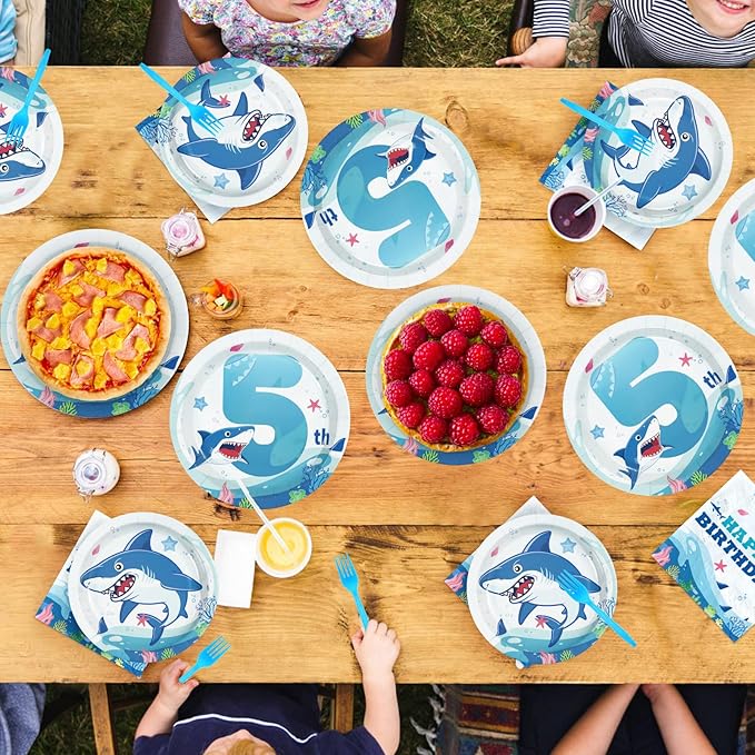 96Pcs Shark 5th Birthday Party Supplies Blue Ocean Shark Plates and Napkins Under The Sea Tableware Set for Kids 5 Years Old Blue Ocean Theme Birthday Party Supplies，Serves 24