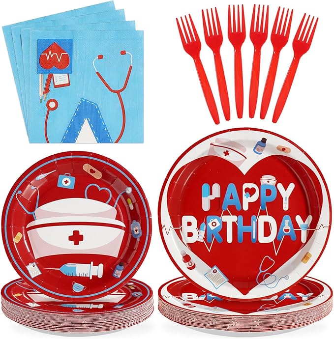 96Pcs Nurse Happy Birthday Party Decoration Red and Blue Plates and Napkins Medical RN Themed Tableware Set for Medical RN Nurse Birthday Graduation Baby Shower Party Supplies, Serves 24
