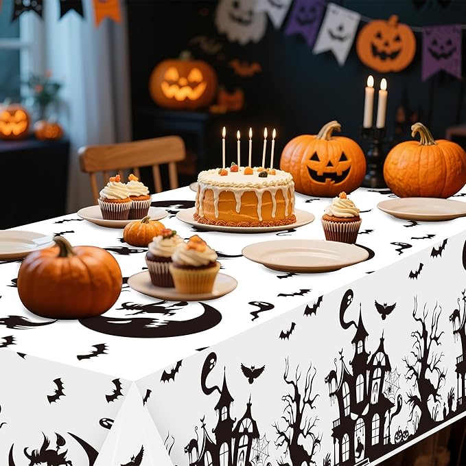 Halloween Haunted House Tablecover - 3 Pack 86 * 51inch Disposable Waterproof Rectangle Plastic Covers, Creepy Gothic Print for Halloween Parties, Kids’ Birthdays, Picnics & Camping Decor
