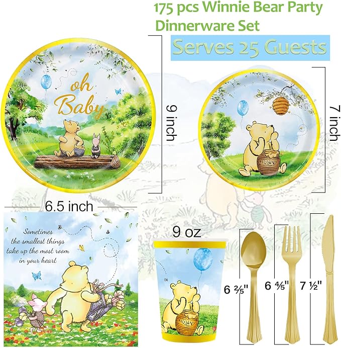 175pcs Vintage Winnie Bear Baby Shower Pooh Decorations Birthday Party Supplies Tableware Set (25 Guest)With Paper Plates Cups Napkins Cutlery for Boy Girl Newborn Birthday Party Dinnerware Decoration