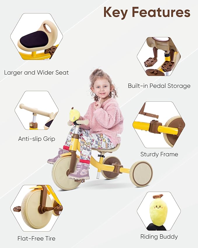 4-in-1 Toddler Tricycle for Ages 18 Months to 3 Years, Tool-Free Mode Switch, Tricycle for Toddlers 1.5-3 with One-Click Height Adjustment, Kids Trike and Balance Bike for 2 Years, Yellow
