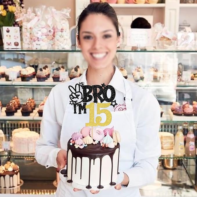 1 PCS Brother I'm 15 Cake Topper Glitter Star Happy 15th Birthday Cake Pick Bro I'm 15 Cake Decoration It's My 15th Birthday Decorations for Boys Cheers to 15 Years Old Birthday Party Supplies Gold