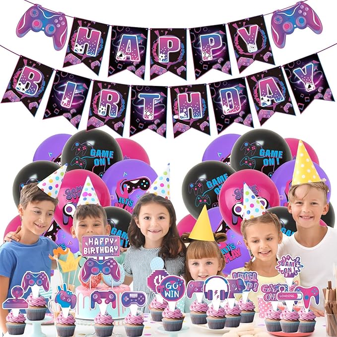 Video Game Birthday Party Decoration Set, Purple Game Birthday Party Supplies, Includes Banner Balloon Cake Decoration