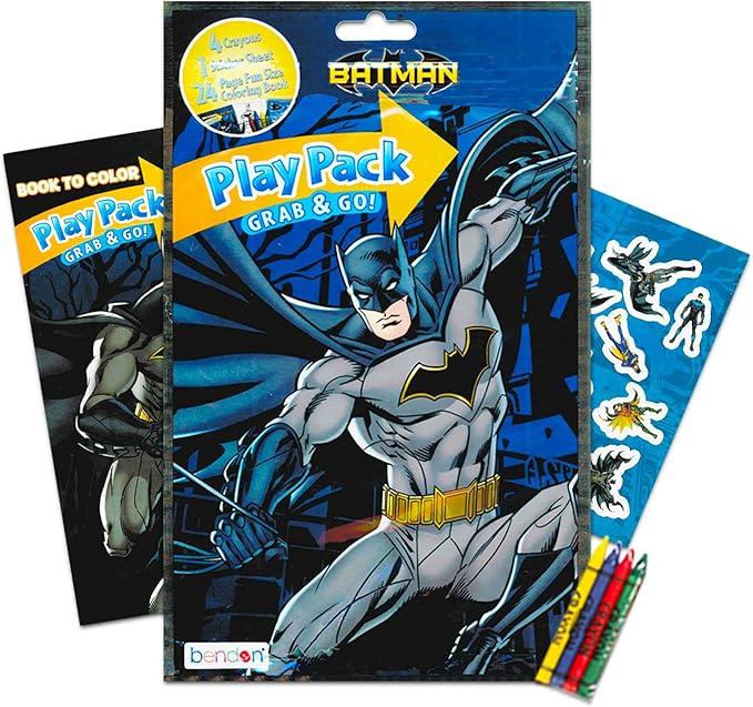 DC Comics Batman Party Favors Pack ~ Bundle of 12 Batman Play Packs Filled with Stickers, Coloring Books, Crayons with Bonus Loot Bags, Harley Quinn Patches, and Door Hanger (Batman Party Supplies)
