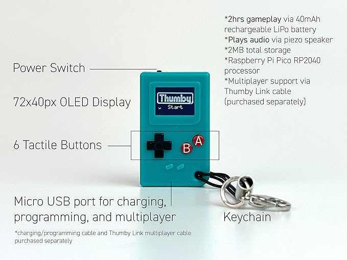 TinyCircuits | Thumby Programmable Game Console Keychain – Retro Gaming Fun Mini-Console, STEM Learning, USB Rechargeable, 5 Preloaded Games (Teal)