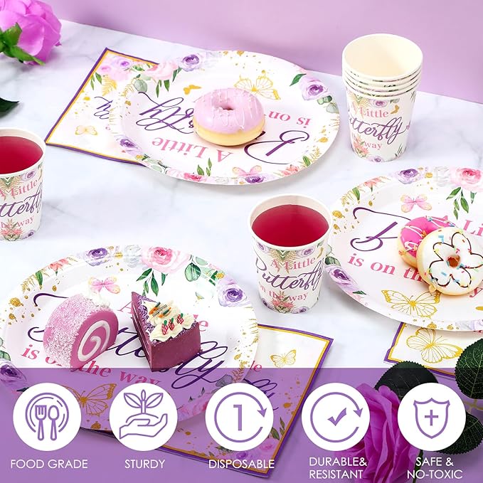 200 Pcs Butterfly Baby Shower Paper Plates Napkins Cups Girl Shower Party Supplies Tableware Set Purple Disposable Cup Napkin for 50 Guest Girls Spring Party Decoration