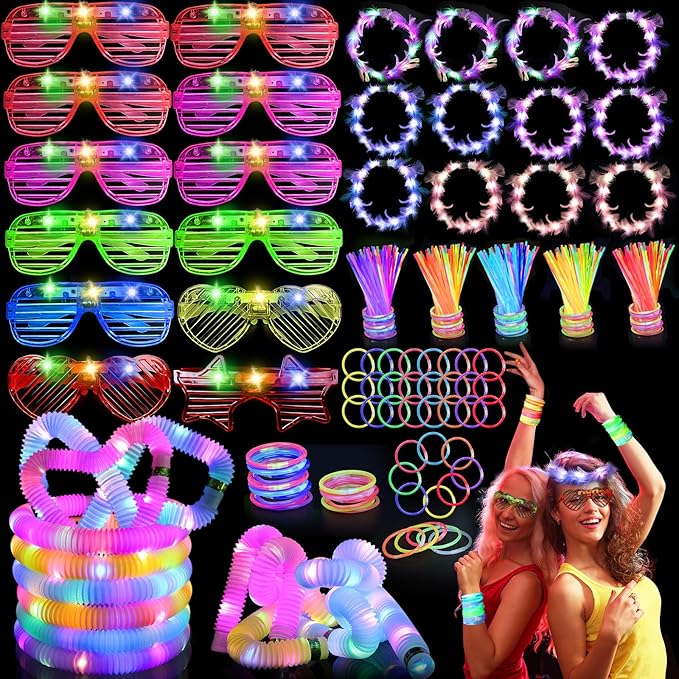 156 PCS Glow in the Dark Valentines Day Party Supplies, 12 Light Up Pop Tubes, 12 LED Glasses, 12 Light Up Headband, 20 Finger Lights and 100 Glow Sticks, Neon Party Favors for Glow Party, Birthday
