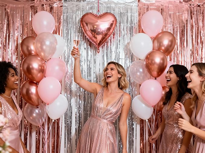 3 Pack Rose Gold and Silver Foil Fringe Curtains, Birthday Decorations Metallic Streamers, Party Photo Booth Backdrop for Holiday Wedding Engagement Bridal Shower Party Rose Gold White Tinsel