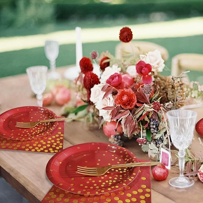 Red and Gold Party Supplies,Serves 35 Guests 7" Red Paper Plates Napkins,Birthday Plates and Napkins for Wedding Graduation