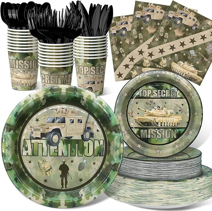 Army Party Decorations Set - Unique Army Party Plates, Cups, Napkins, and Cutlery for an Enthralling Celebration - Disposable and Stylish Army Party Supplies for Birthdays and Events