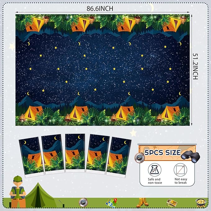 Chinco 5 Pieces Camping Tablecloth Party Decorations Campfire Plastic Rectangular Table Cover Camp Birthday Party Supplies Picnic Hiking Adventure Supplies