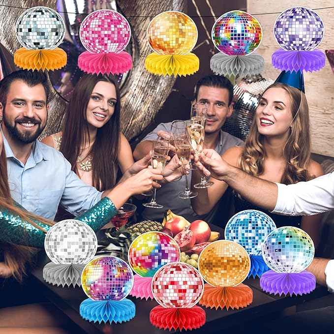 12PCS Disco Ball Centerpieces Disco Ball Party Decorations Colorful Disco Ball Table Decor 70s 80s Theme Music Party Honeycomb Centerpieces for Party Birthday Supplies