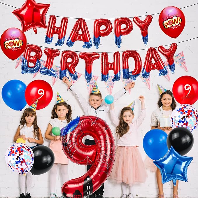 Cartoon Hero 40 Inch Red and Blue Spider Theme Number Foil Birthday Decoration Balloon, Spider Theme Happy Birthday Banner Party Decoration Balloon, Letter Logo Superhero Party Supplies (9)