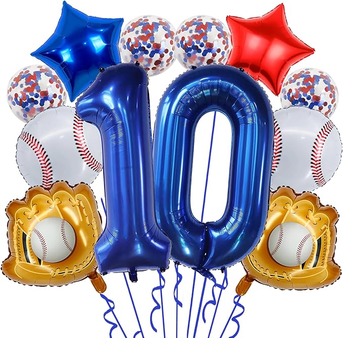 Baseball Birthday Party Balloons, 32 Inch Navy Blue Foil Number 10 Balloon, Baseball Glove Foil Balloon, Red Blue Star Confetti Balloon for 10th Birthday Sports Theme Party Supplies