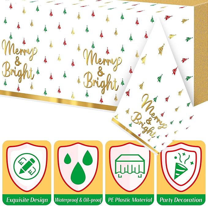 Christmas Winter Waterproof Tablecloths - 3 Packs Gold White Mini Christmas Tree Tablecloths Colorful Waterproof Table Cover Merry Bright Disposable Plastic Tablecloth Xmas Party Table Decor