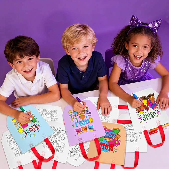 Holi Coloring Goodie Bags for Kid - 24Pcs Happy Holi Color Your Own Gift Bags with Handle Reusable Non Woven Coloring Tote Packet for Classroom DIY Painting Indian Festival Holiday Spring Party Favor