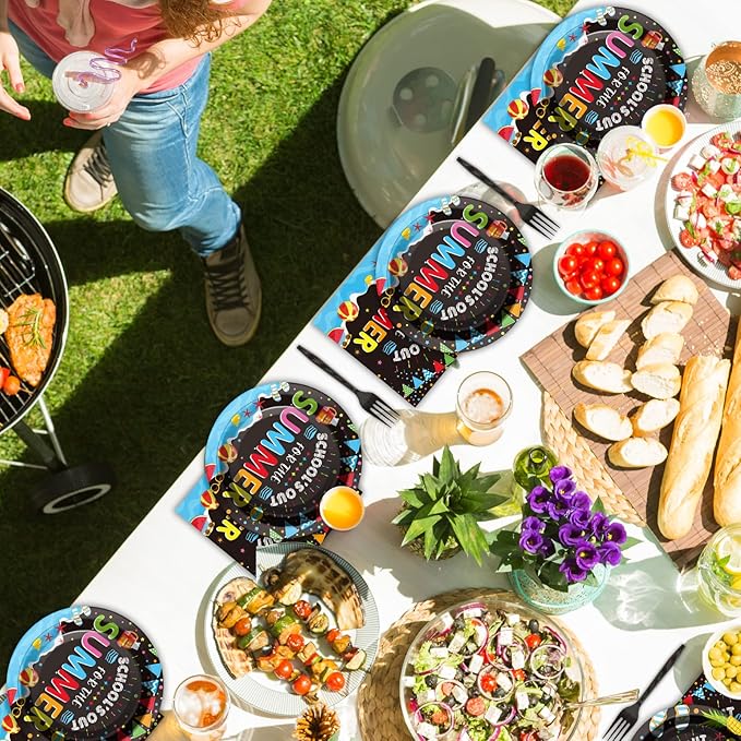 96 Pieces End of School Year Theme Tableware Set for Kids Class Summer Table Decorations Supplies School's Out Dessert Plates Napkins Forks for 24 Guests Tropical Beach Pool Disposable Party Favors
