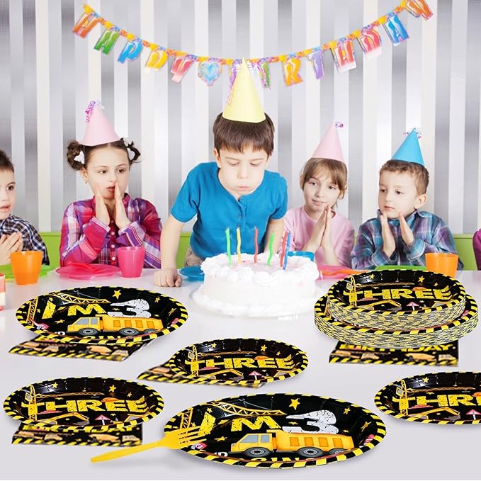 96 Pcs Construction 3rd Birthday Party Supplies 350 GSM Construction Plates Napkins Forks Tableware Set Excavator 3rd Birthday Decorations for Boys Dump Truck Theme 3 Year Old birthday Decor Serves 24