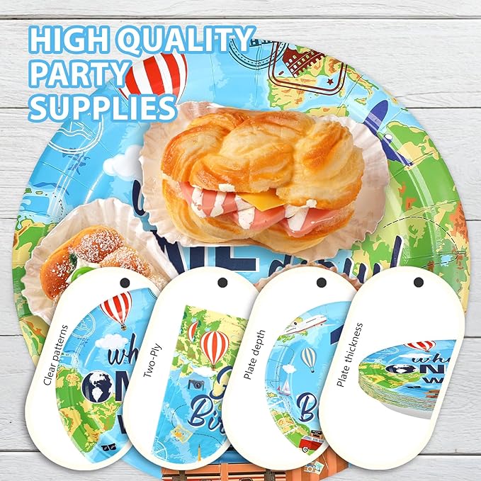 96Pcs Travel Theme 1st Birthday Party Supplies Adventure Awaits Plates and Napkins World Map 1st Birthday Tableware Set for Kids Adventure Time One Year Old Party Supplies，Serves 24