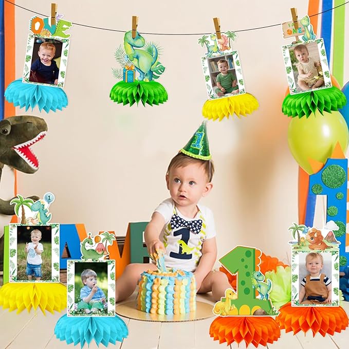 One a Saurus Birthday Decorations, Dinosaur 1st Birthday Party Supplies Honeycomb Centerpiece for Table, Dinosaur First Birthday Party Decorations Boys Photo Table Centerpiece Party Supplies