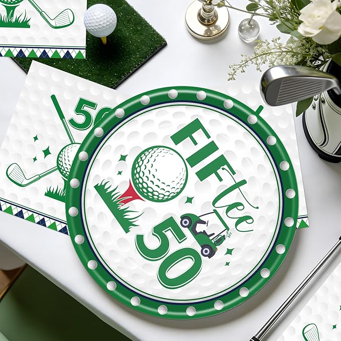 Rakuto Golf 50th Birthday Decorations - 50 Pcs Fiftee Golf Themed Party Plates and Napkins Set Supplies, Disposable Tableware Decorations for Men Women Sports Birthday Party Serves 25 Guests