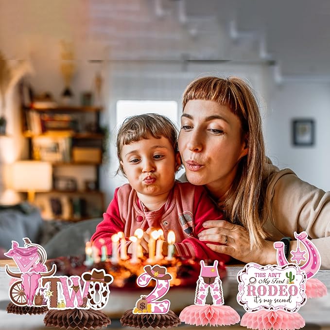 Gameza This Ain't My First Rodeo It's My Second Birthday Party Decorations, 9PCS Cowgirl 2nd Birthday Honeycomb Centerpieces Table Decorations, Western Rodeo Theme 2 Years Old Bday Decor for Girls
