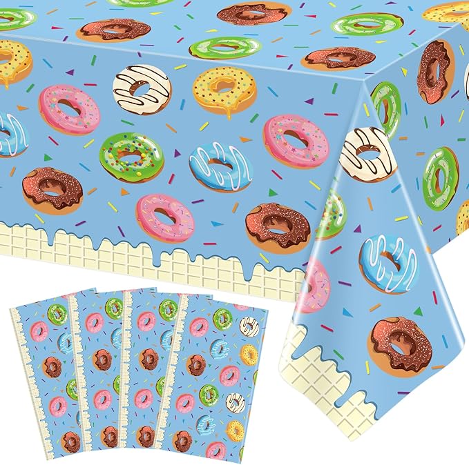 4 Pack Donut Party Tablecloth Sprinkle Donut Theme Party Decorations Blue Ice Cream Table Cloth Doughnut Table Covers for Baby Shower Afternoon Tea Ice Cream Birthday Supplies 51 x 86 in