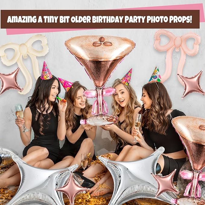 Civaner 12 Pcs Espresso Martini Balloon with 2 Realistic Giant 32 x 26 Inches Martini 4 Pink Bow and 6 Star a Tini Bit Older Birthday Party Decor for Bachelorette Bridal Shower Wedding Party Supplies