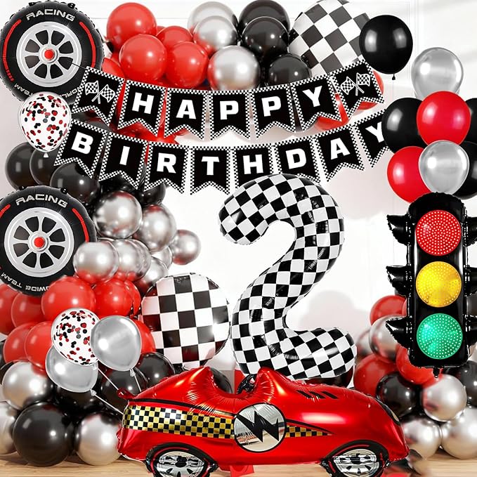 Race Car Birthday Party Decorations, with 40 Inch Number 2 Balloon, Happy Birthday Banner, Traffic Light and Foil Tire Balloon for 2nd Car Themed Birthday Party Supplies
