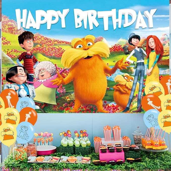Cartoon Loraxs Birthday Party Decoration,Cartoon Party Photo Background 5 x 3 FT and 18 Pcs Balloon,Merch Party Backdrop Supplies