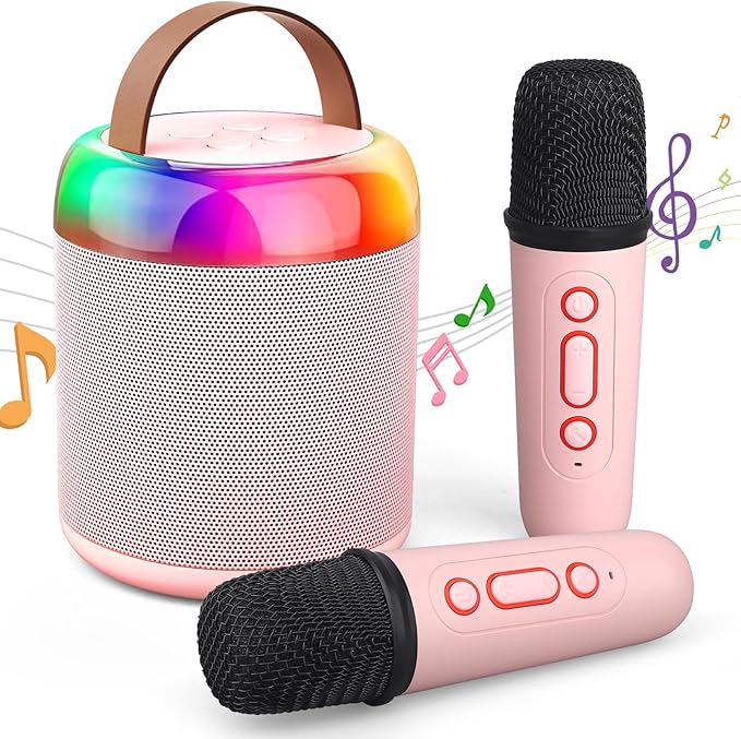 Mini Party Karaoke Machine Toy for Kids Audlts, Portable Led Karaoke Toy Speaker with 2 Wireless Microphones for Girls Boys Birthday, Holiday Stocking Stuffer Party Favors Supplies