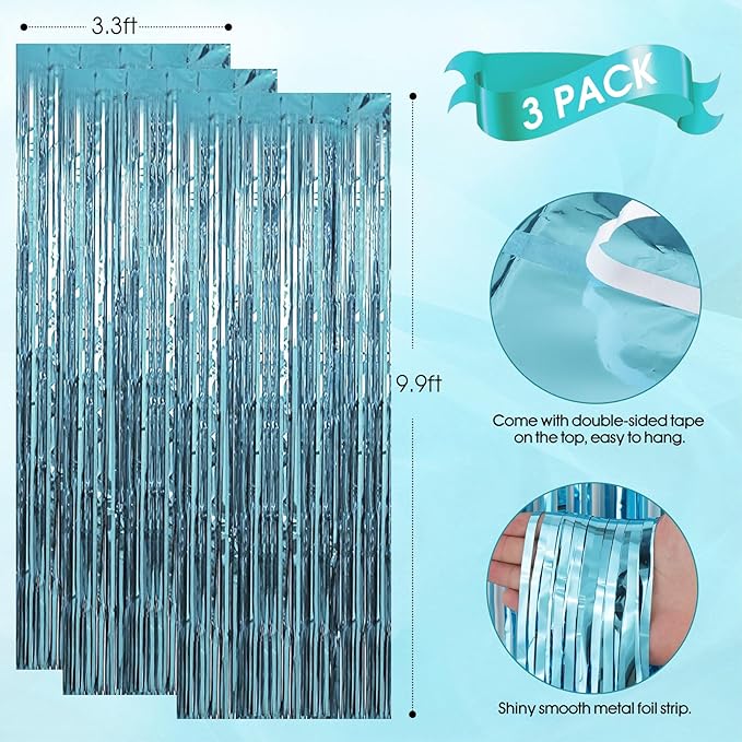 3 Pack 3.3 x 9.9 ft Light Blue Foil Fringe Backdrop Curtain, Streamer Backdrop Curtains, Streamers Birthday Party Decorations, Tinsel Curtain for Parties, Galentines Decor, Photo Booth