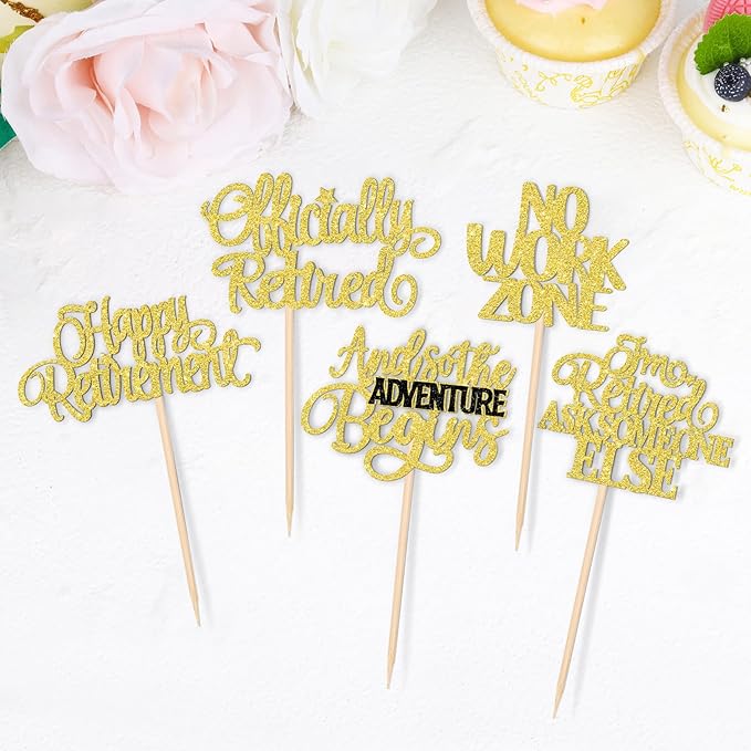 30 PCS Happy Retirement Cupcake Toppers Officially Retired Cupcake Picks No Work Zone Adventure Begins Cake Decorations for Retirement Theme Farewell Birthday Party Supplies Gold