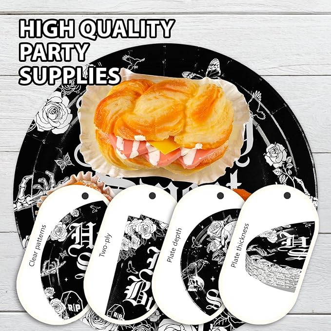 96Pcs Gothic Birthday 16th Party Decorations Goth Skeleton Plates and Napkins Tableware Sets Gothic Black White Skull Sweet Sixteen Decorations for 16 Years Old Birthday Party Supplies Serve 24