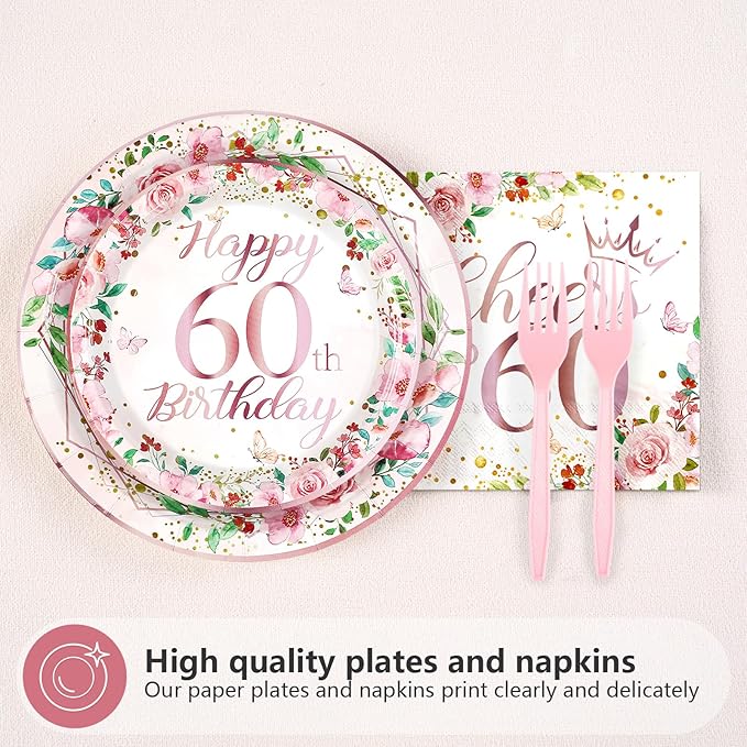 96Pcs 60th Birthday Decorations for Women Floral 60th Birthday Party Plates and Napkins Disposable Rose Gold 60 Fabulous Tableware Sets for Women 60 Years Old Party Supplies Serves 24