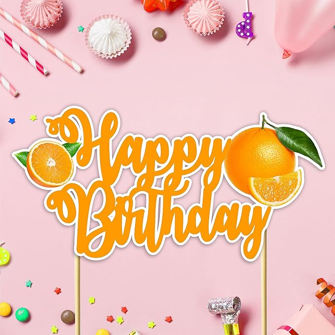 Orange Happy Birthday Cake Topper – Fresh Fruit Theme Cake Decoration for Birthday Celebration, Orange Inspired Dessert Topper for Party Cakes, Table Display Styling, Photo Setup.