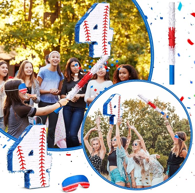 HyDren Baseball Piñata Baseball Party Decorations Number Piñata with Bat, Blindfold and Confetti, 16 Inch Sports Themed Birthday Party Supplies for Celebration Events(Number 4)