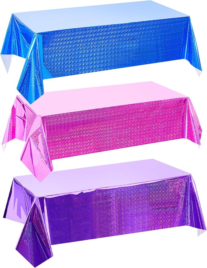 3 Pcs Kpop Holographic Tablecloth for Birthday Party Pink Purple Blue 54"x108" Witch and Princess Themed Movie Decoration Wedding Iridescent Metallic Plastic Glitter Laser Table Covers