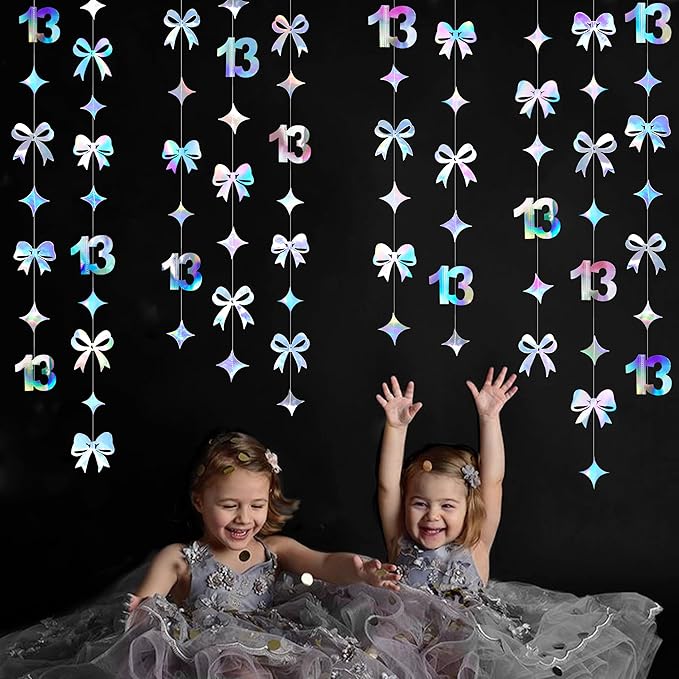 Iridescent 13th Bow Birthday Decorations Glitter Conquette Bow Garland Streamer Banner Backdrop for Girls Boys Happy 13th Birthday Official Teenager Cheers to 13 Years Old Anniversary Party Supplies