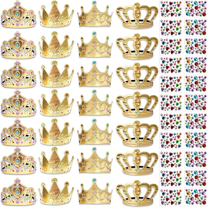 50 Pcs Foam Crowns Kids Princess Tiaras Crowns Bulk with 2 Styles DIY Diamond Sticker Making Kits for Kids Birthday Party Supplies
