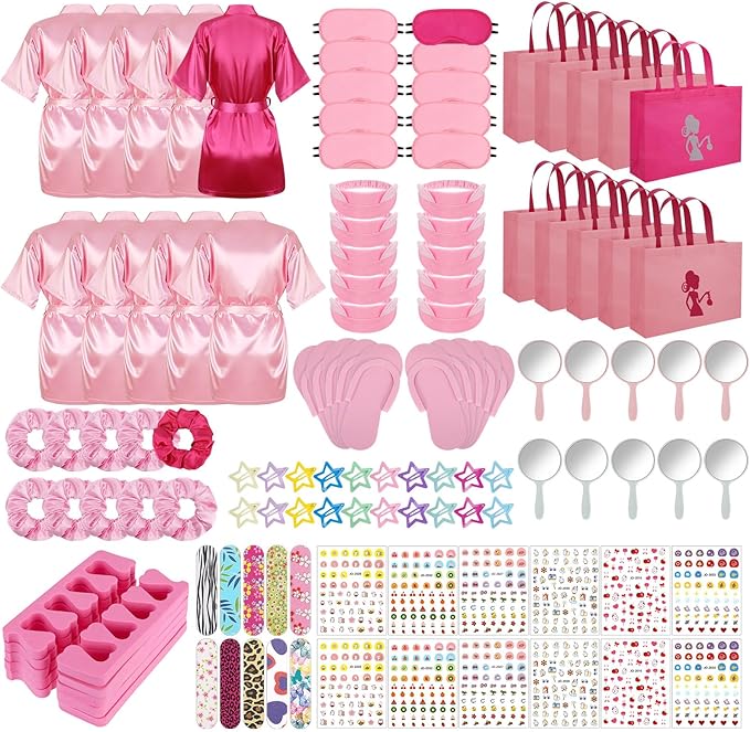 122 Pcs (9 Pink, 1 Hot Pink) Girls Spa Party Kit, 10 Pack Slumber Party Favors with Satin Robes, Tote Bags, and Nail Salon Accessories for Kids Spa Birthday, Halloween, Home Party Supplies