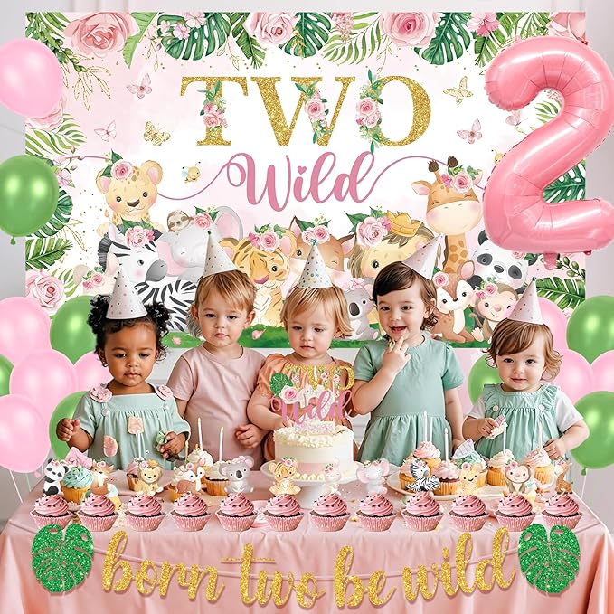 Two Wild Birthday Decorations Girl Pink Jungle Animal Theme 2nd Birthday Party Supplies Include Two Wild Backdrop Banner Balloons Cupcake Toppers for Girl 2 Year Old Safari Party Decor